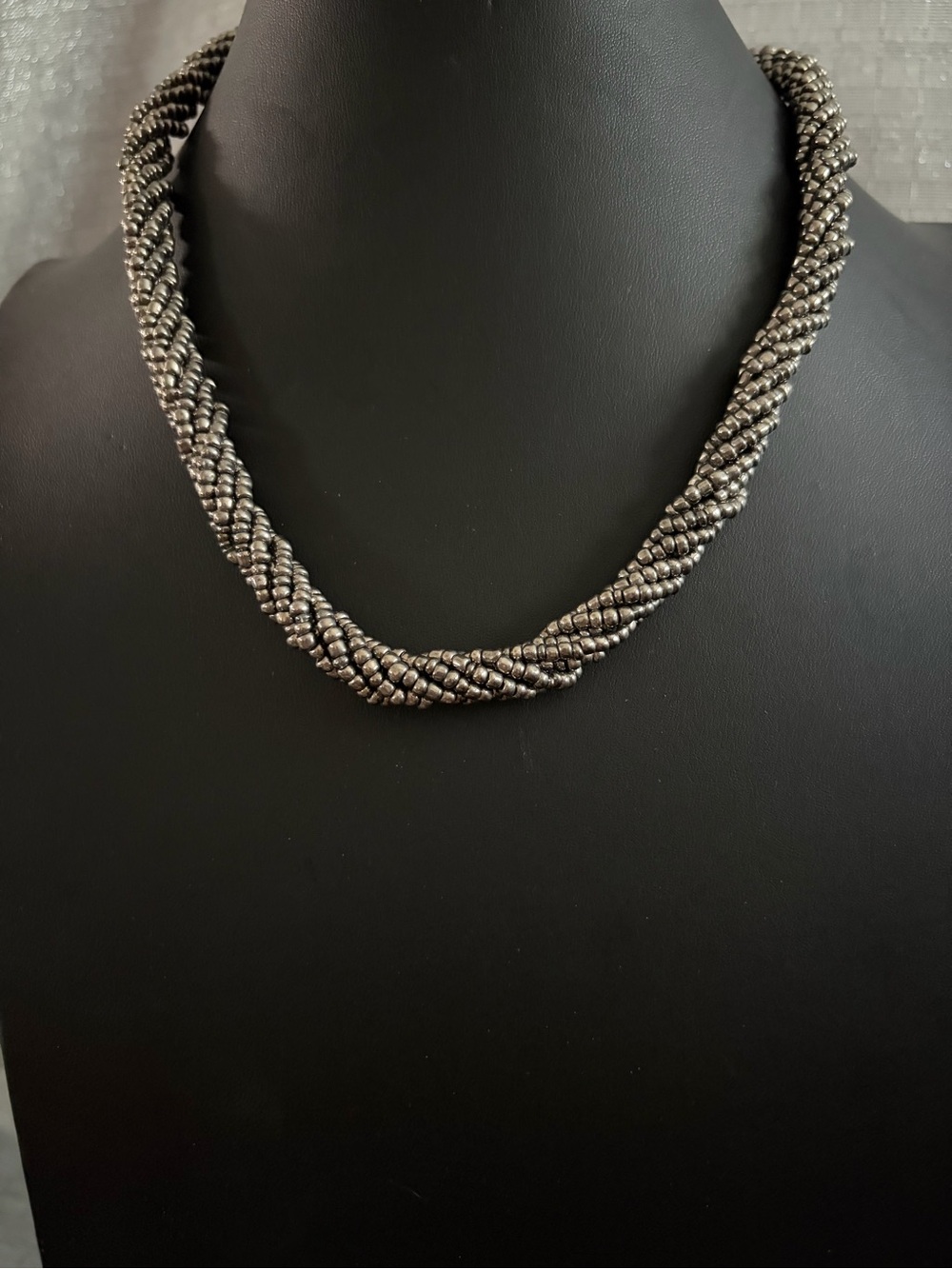 Braided Metallic Bead Necklace - Silver